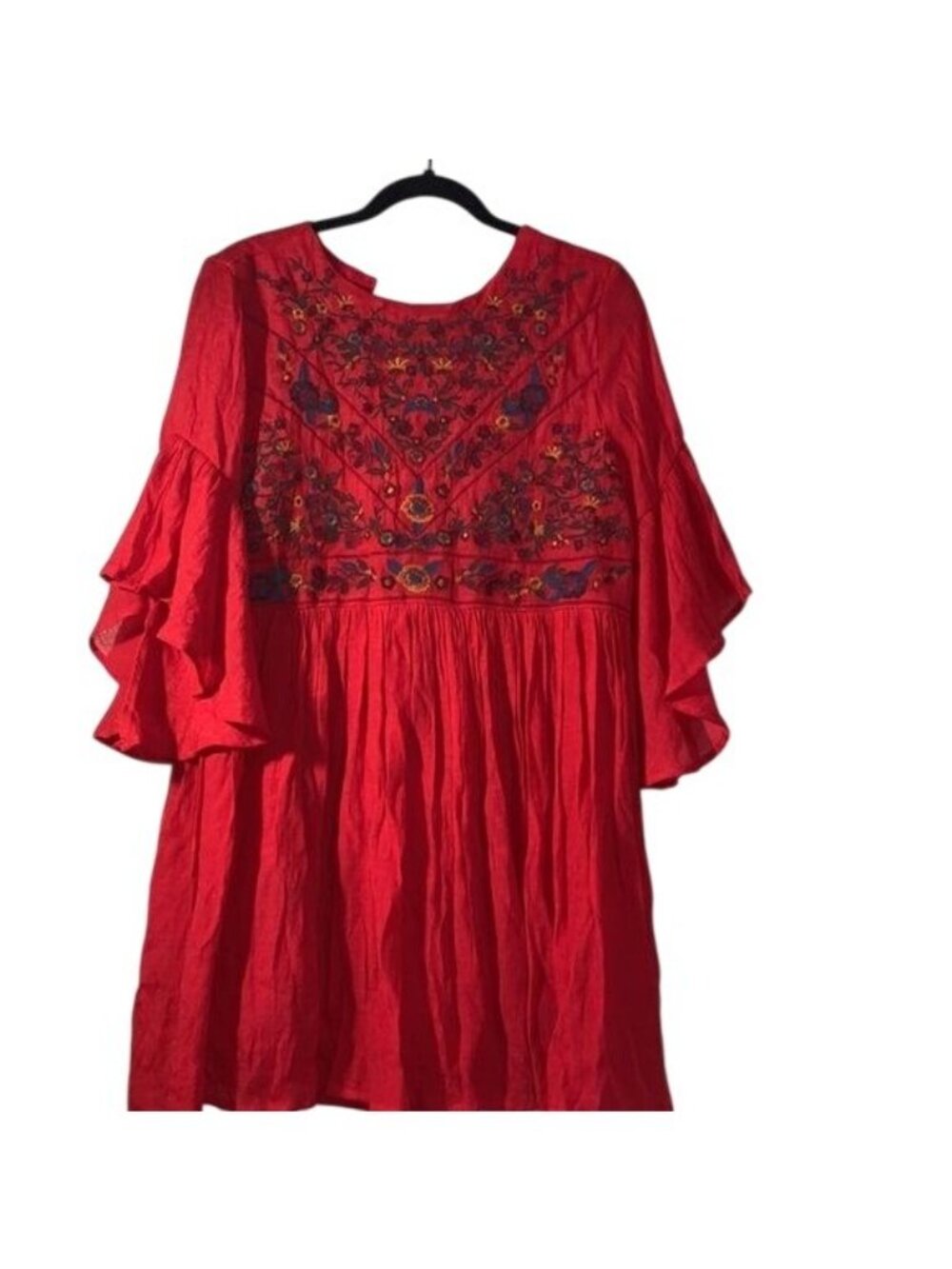 Umgee USA Womens Red Embroidered Bell Sleeve Boho Dress M Rayon Flowy Fit - Picture 3 of 16